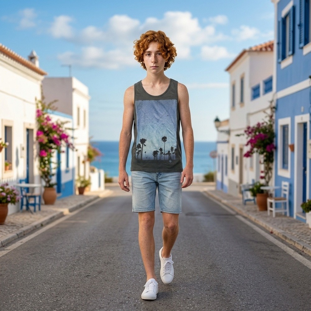 American Eagle Outfitters Tank Top Beach Palm Photo Gray Blue Surfer Skater M
